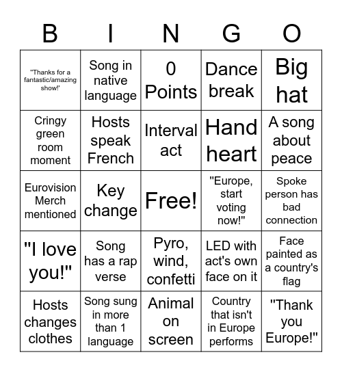 Eurovision 2023 Bingo Card