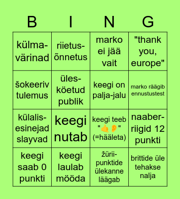 Eurovision 2023 Bingo Card