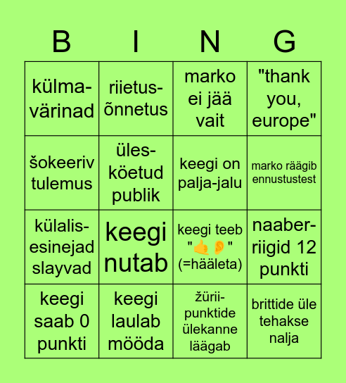 Eurovision 2023 Bingo Card