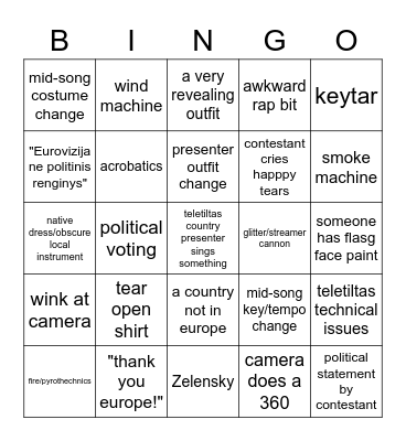 Eurovision 2023 Bingo Card