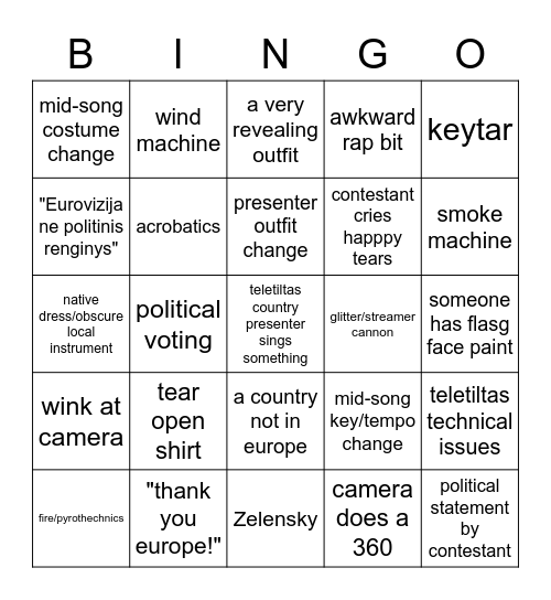 Eurovision 2023 Bingo Card
