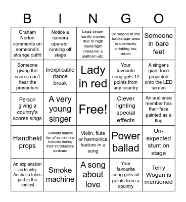 Eurovision Bingo Card