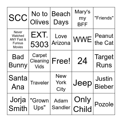 It's All About Melina Bingo Card