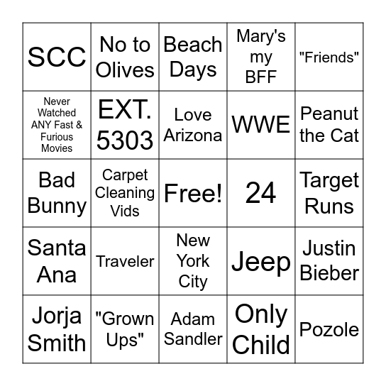 It's All About Melina Bingo Card
