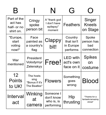 Eurovision 2023 Bingo Card