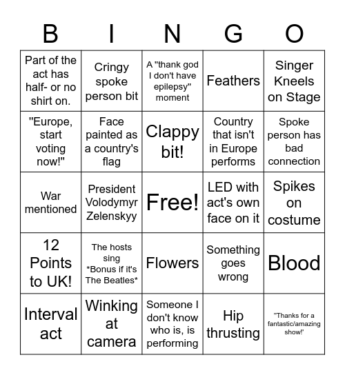 Eurovision 2023 Bingo Card