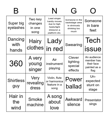 Eurovision Bingo Card