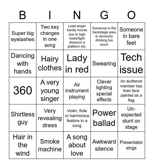 Eurovision Bingo Card