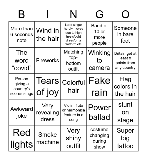 Eurovision Bingo Card