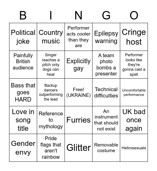 Eurovision Bingo Card