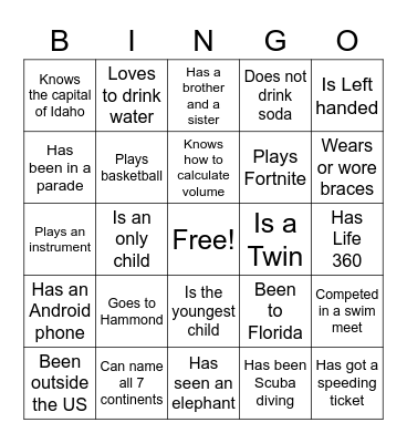 Life Teen Bingo Card