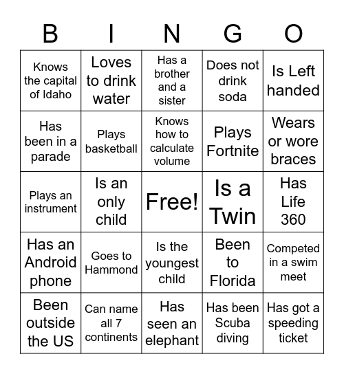 Life Teen Bingo Card