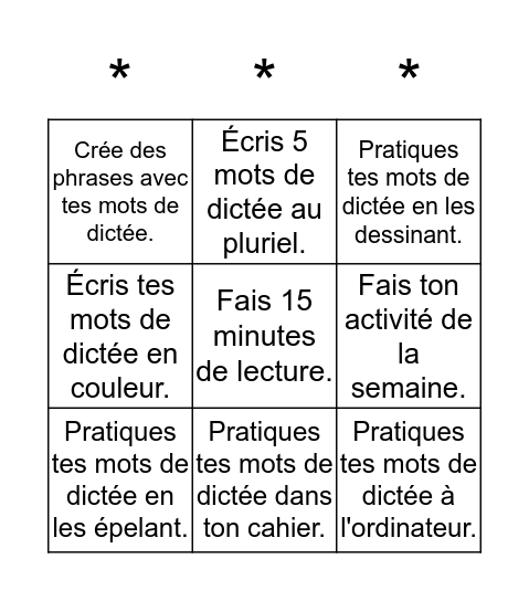 Bingo des devoirs Bingo Card