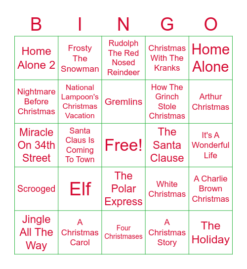 Christmas Movie Bingo Card