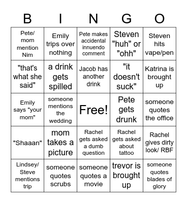 Saturday Night Bingo Card