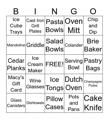 Jessica's Bridal Shower Bingo Card