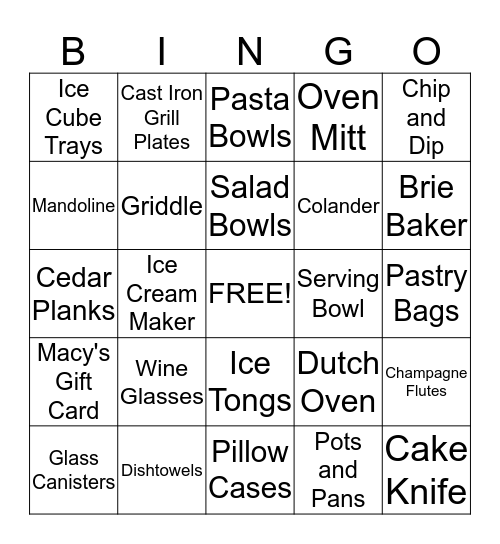 Jessica's Bridal Shower Bingo Card