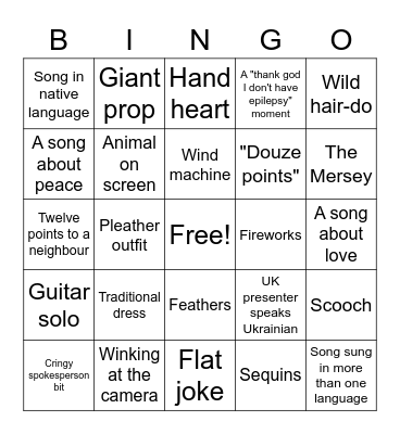 Eurovision 2023 Bingo Card