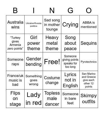 Eurovision 2023 Bingo Card