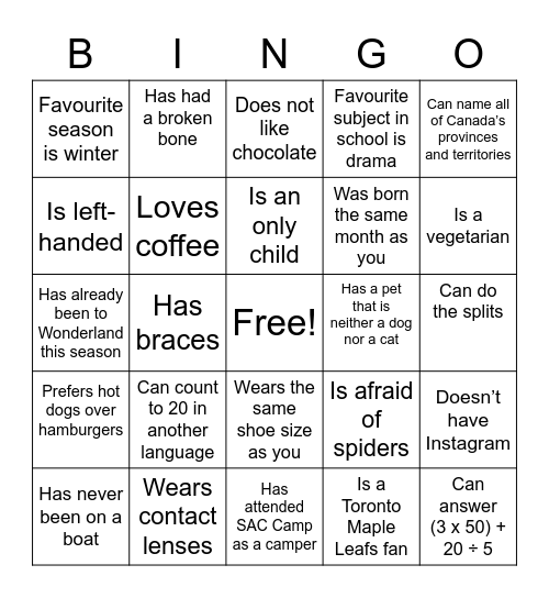 SAC CAMP Bingo Card