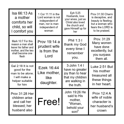 Happy Mother's Day Bingo Card