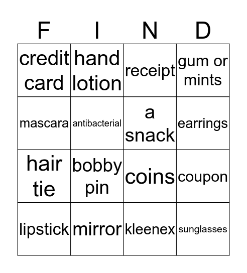 Purse Bingo  Bingo Card