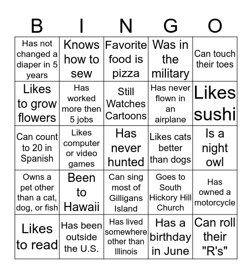 Getting to Know You Bingo Card