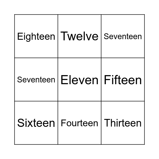 Numbers spelt out Bingo Card