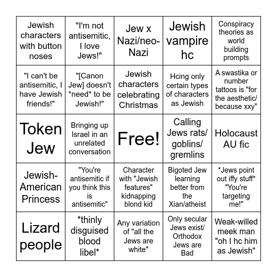 Fandom Antisemitism Bingo Card