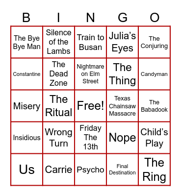 Horror Movie Checklist Bingo Card