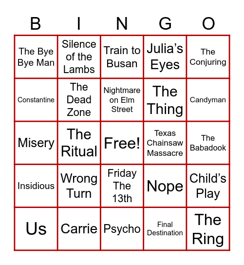 Horror Movie Checklist Bingo Card