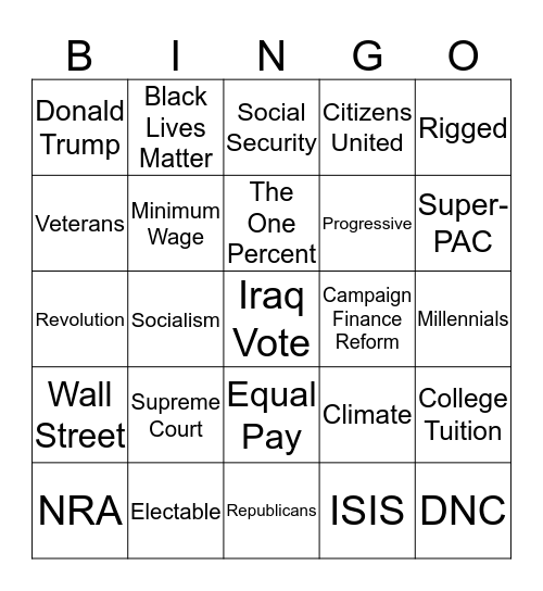 Democratic Debate Bingo Card