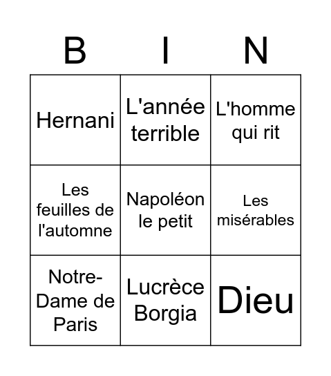 Les œuvres de Victor Hugo Bingo Card