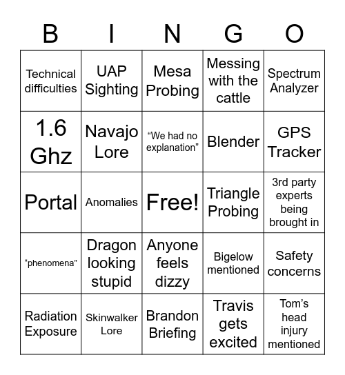 Skinwalker Ranch Bingo Card