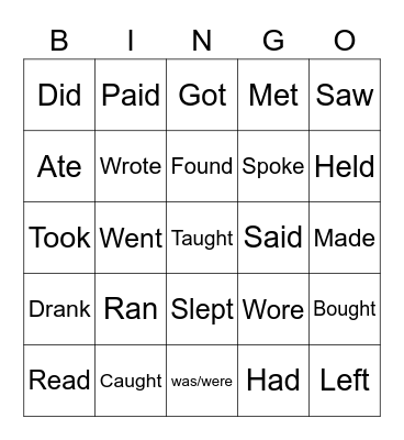 Irregular Verbs Bingo Card