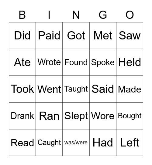 Irregular Verbs Bingo Card