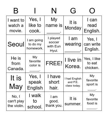 ESL Bingo Card