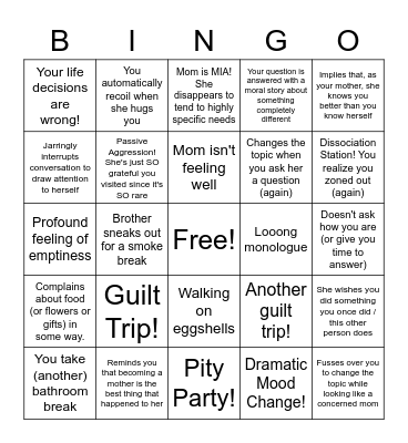 Narcissistic Mother's Day Bingo Card