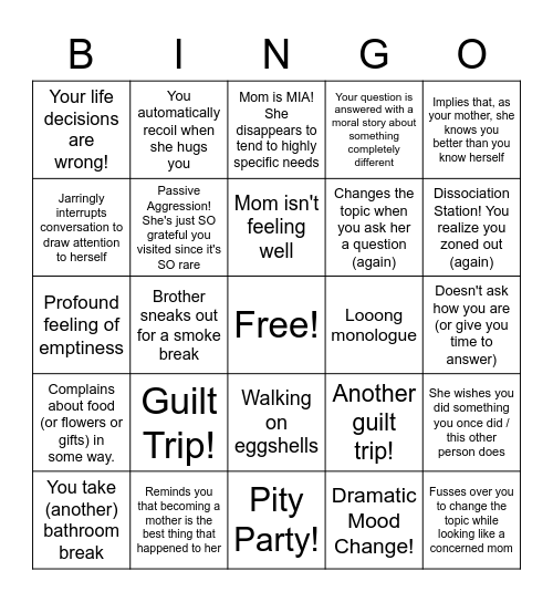Narcissistic Mother's Day Bingo Card