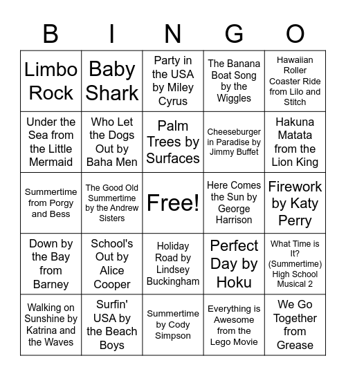 Summer Playlist Bingo Card