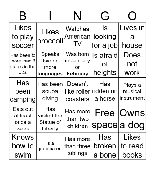 Getting acquainted Bingo Card