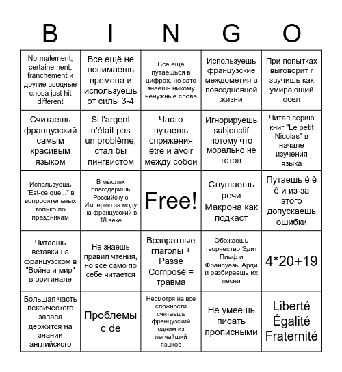 Французский язык Bingo Card