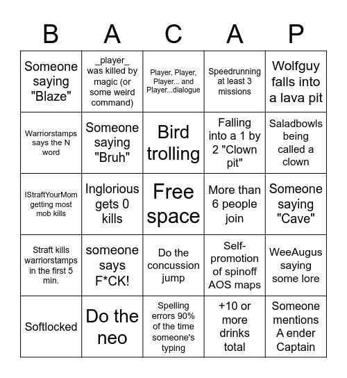 AOS marathon Bingo Card