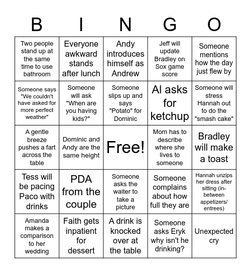 Hannah and Bradley's Wedding General Bingo Card
