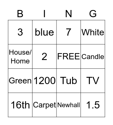 House Warming Bingo Card