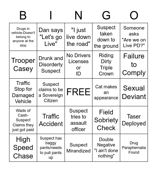 Live PD Bingo Card