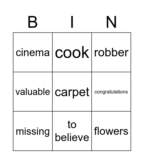 More 1 Unit 11 vocabulary Bingo Card