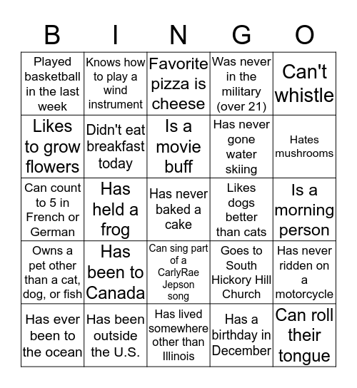 Getting to Know You Bingo Card