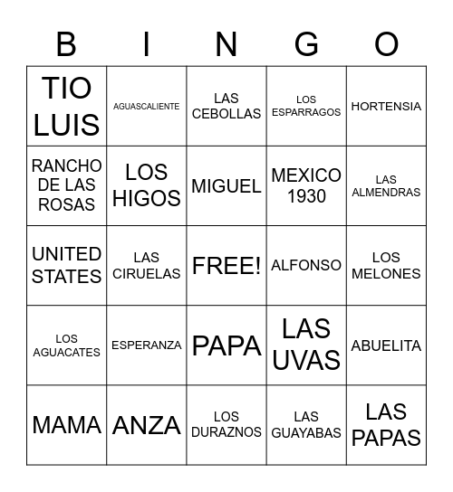 ESPERANZA RISING Bingo Card