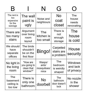 Mom's Reactions to the New House Bingo Card